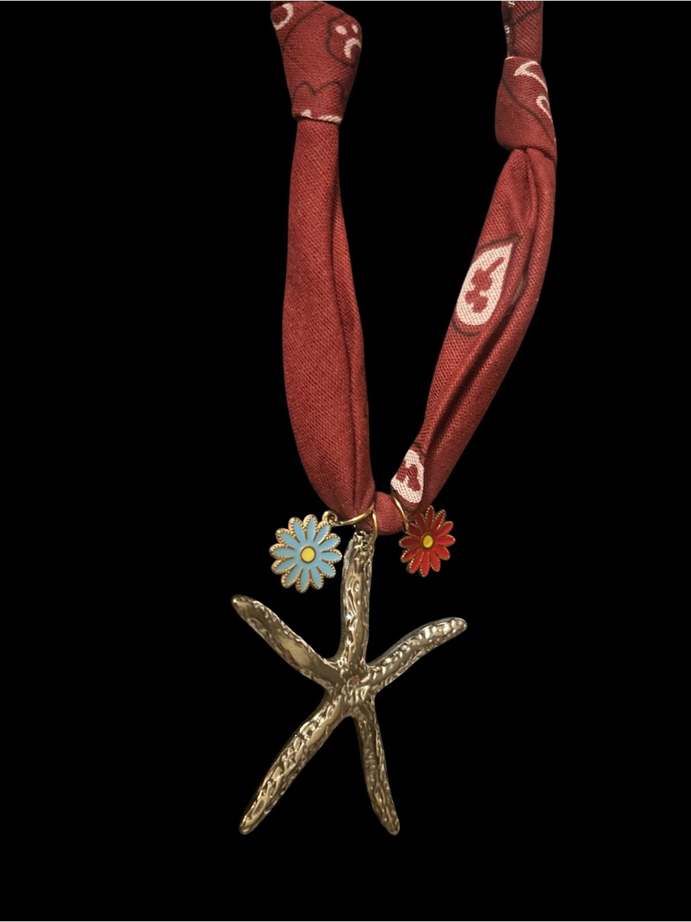 Gold Starfish Pendant Necklace w Red Scarf Fabric Cord & Floral Charms MAYAMAR
